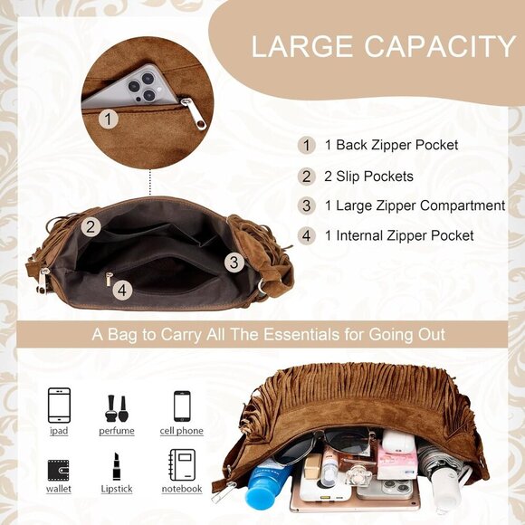 Women Faux Suede Fringe Purse Hobo Bag Crossbody Tassel Double Straps - Picture 2 of 6